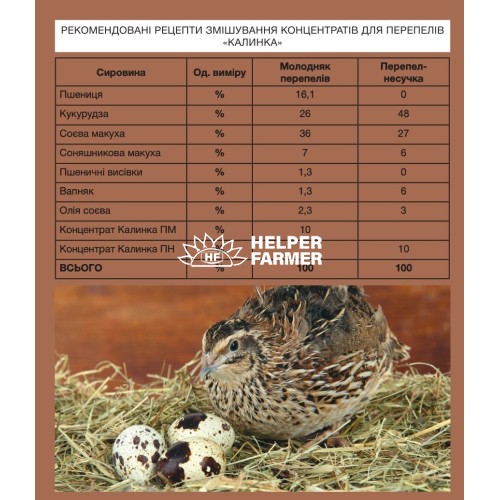 Комбікорм Калинка повнораціонний для перепела - несучки 100% готовий корм 6701, 10 кг