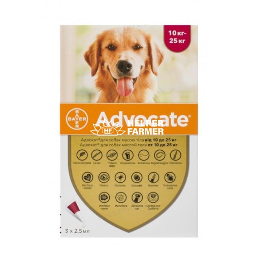 Адвокат Bayer краплі від заражень ендо- та екто паразитами для собак 10-25 кг, 1 піпетка по 2,5 мл