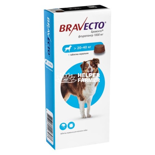Бравекто жевательная таблетка 1000 мг от блох и клещей для собак 20 - 40 кг, 1 таблетка