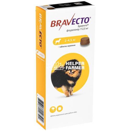 Бравекто жувальна таблетка 112,5 мг від бліх і кліщів для собак 2 - 4,5 кг, 1 таблетка
