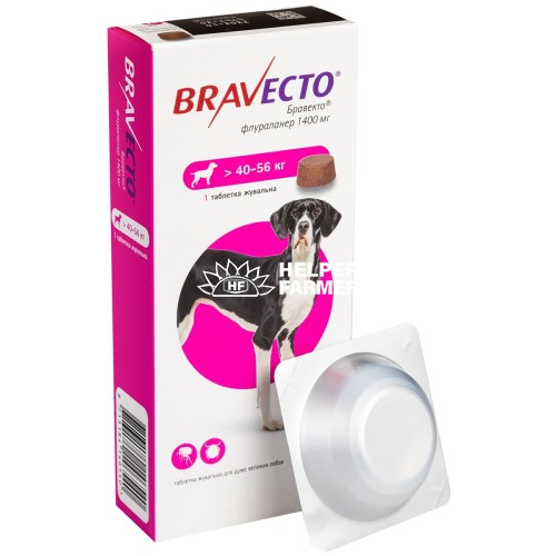 Бравекто жувальна таблетка 1400 мг від бліх і кліщів для собак 40 - 56 кг, 1 таблетка