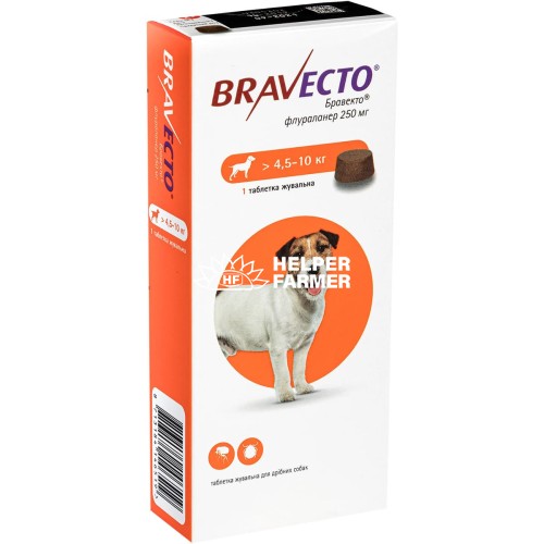 Бравекто жевательная таблетка 250 мг от блох и клещей для собак 4,5 - 10 кг, 1 таблетка