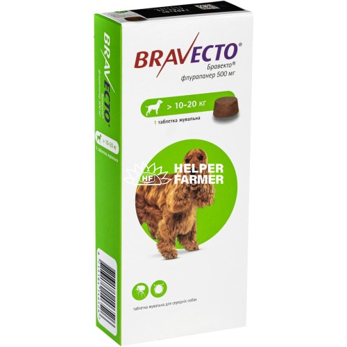 Бравекто жувальна таблетка 500 мг від бліх і кліщів для собак 10 - 20 кг, 1 таблетка