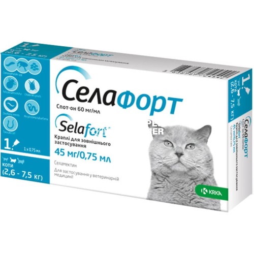 Селафорт капли от блох клещей и гельминтов для кошек весом 2,6-7,5 кг, 1 пипетка Селафорт капли от блох клещей и гельминтов для кошек весом 2,6-7,5 кг, 1 пипетка