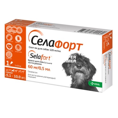 Селафорт капли от блох клещей и гельминтов для собак весом 5-10 кг, 1 пипетка Селафорт капли от блох клещей и гельминтов для собак весом 5-10 кг, 1 пипетка