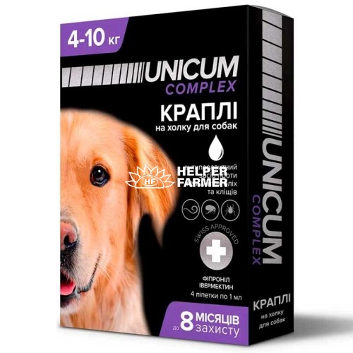 Краплі на холку Unicum Complex від бліх, кліщів і гельмінтів для собак вагою 4-10 кг, 4 ампули Краплі на холку Unicum Complex від бліх, кліщів і гельмінтів для собак вагою 4-10 кг, 4 ампули