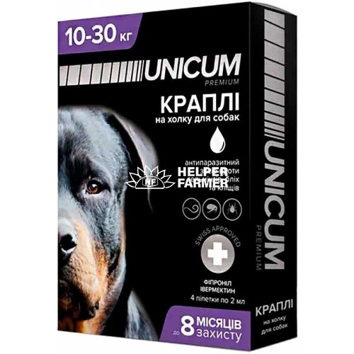 Краплі на холку Unicum Complex від бліх, кліщів і гельмінтів для собак вагою 10-30 кг, 4 ампули Краплі на холку Unicum Complex від бліх, кліщів і гельмінтів для собак вагою 10-30 кг, 4 ампули