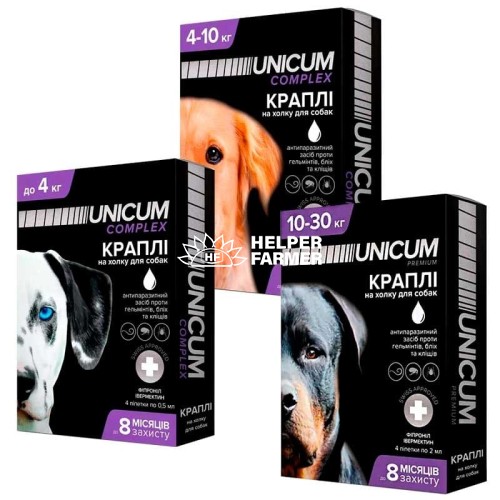 Капли на холку Unicum Complex от блох, клещей и гельминтов для собак весом 30-60 кг, 4 ампулы