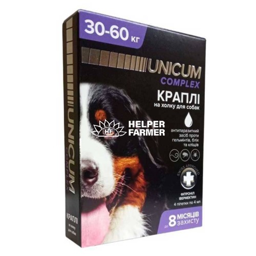 Краплі на холку Unicum Complex від бліх, кліщів і гельмінтів для собак вагою 30-60 кг, 4 ампули Краплі на холку Unicum Complex від бліх, кліщів і гельмінтів для собак вагою 30-60 кг, 4 ампули