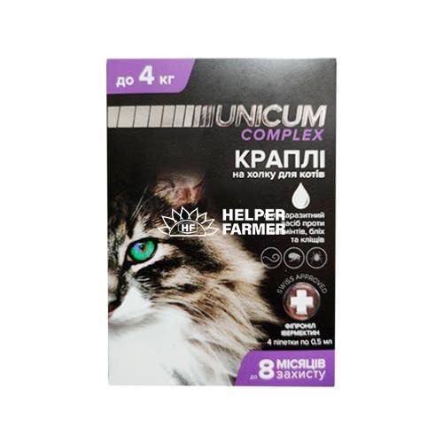 Капли на холку Unicum Complex от блох, клещей и гельминтов для кошек весом 0-4 кг, 4 ампулы Капли на холку Unicum Complex от блох, клещей и гельминтов для кошек весом 0-4 кг, 4 ампулы