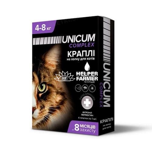 Краплі на холку Unicum Complex від бліх, кліщів і гельмінтів для кішок вагою 4-8 кг, 4 ампули Краплі на холку Unicum Complex від бліх, кліщів і гельмінтів для кішок вагою 4-8 кг, 4 ампули