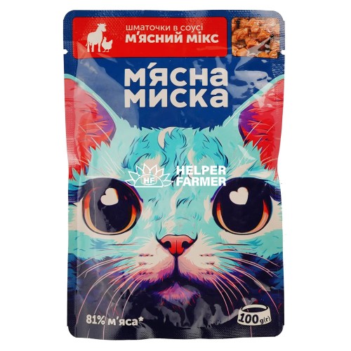Вологий корм для котів М'ясна Миска шматочки в соусі м'ясний мікс, 100 г Вологий корм для котів М'ясна Миска шматочки в соусі м'ясний мікс, 100 г