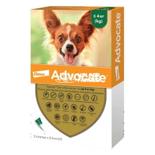 Адвокат Elanco (Bayer) краплі від заражень ендо- та екто паразитами для собак до 4 кг, 3 піпетки по 0,4 мл