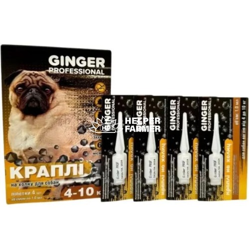 Капли на холке Ginger Professional от блох и клещей для собак 4-10 кг 1 мл, 4 пипетки