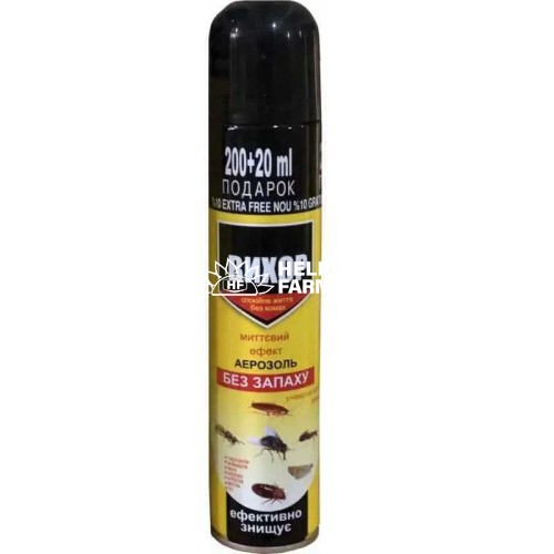 Дихлофос Вихор без запаха для уничтожения тараканов, мух, муравьев, желтый, 220 мл