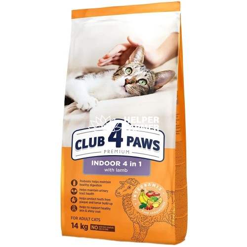 Сухой корм Club 4 Paws Premium 4 в 1 для взрослых кошек, живущих в помещении, с ягненком, 14 кг