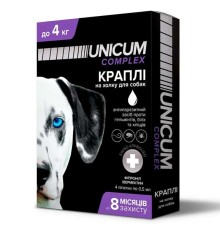 Краплі на холку Unicum Complex від бліх, кліщів і гельмінтів для собак вагою 0-4 кг, 4 ампули