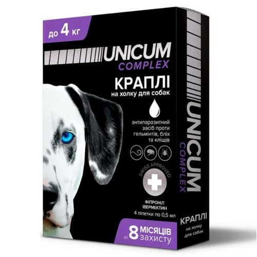 Краплі на холку Unicum Complex від бліх, кліщів і гельмінтів для собак вагою 0-4 кг, 4 ампули