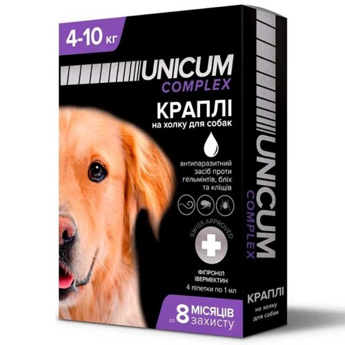 Краплі на холку Unicum Complex від бліх, кліщів і гельмінтів для собак вагою 4-10 кг, 4 ампули