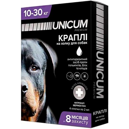 Краплі на холку Unicum Complex від бліх, кліщів і гельмінтів для собак вагою 10-30 кг, 4 ампули