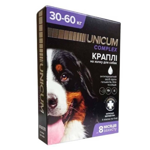 Краплі на холку Unicum Complex від бліх, кліщів і гельмінтів для собак вагою 30-60 кг, 4 ампули