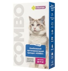 Капли на холку Vitomax COMBO от экто- и эндо-паразитов для кошек до 4 кг по 0,4 мл, 3 пипетки