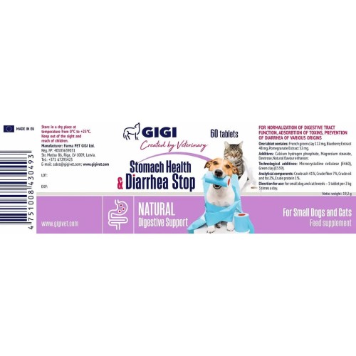 Вітамінно-мінеральна добавка Gigi Stomach Health & Diarrhea Stop для нормалізації функцій травної системи у собак та кішок, 60 таблеток