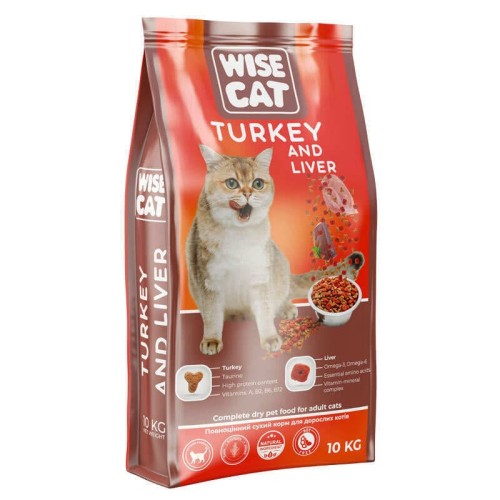 Wise Cat Сухий повноцінний корм з індичкою та печінкою для дорослих котів, 10 кг
