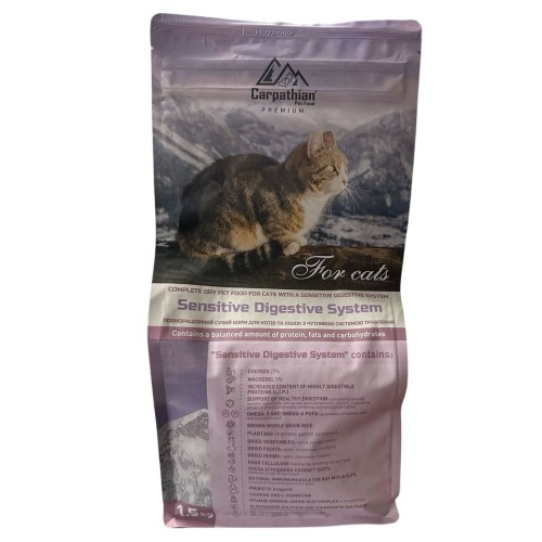 Сухий корм для котів з чутливою системою травлення Carpathian Pet Food з куркою та морським окунем, 1,5 кг