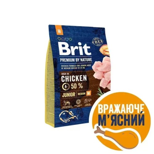 Сухий корм для цуценят середніх порід Brit Premium Dog Junior М з куркою, 3 кг