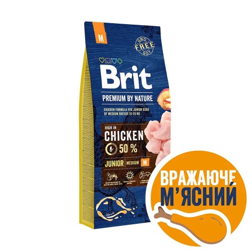 Сухий корм для цуценят середніх порід 10-25 кг Brit Premium Dog Junior М з куркою, 15 кг