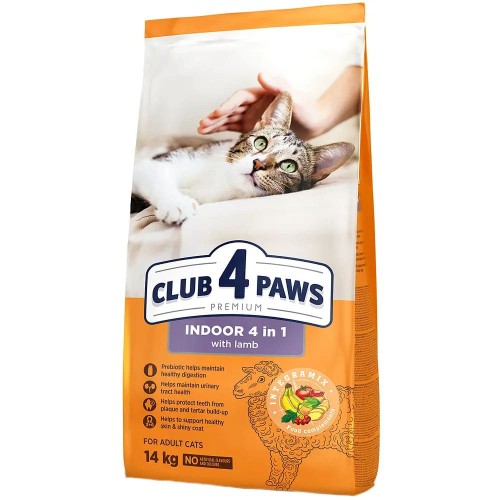 Сухий корм Club 4 Paws Premium 4 в 1 для дорослих котів, що живуть у приміщенні, з ягням, 14 кг