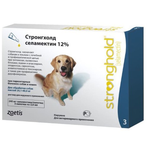 Стронгхолд 12% Zoetis краплі на холку від бліх, кліщів і гельмінтів для собак 20,1-40 кг, 1 піпетка 2 мл
