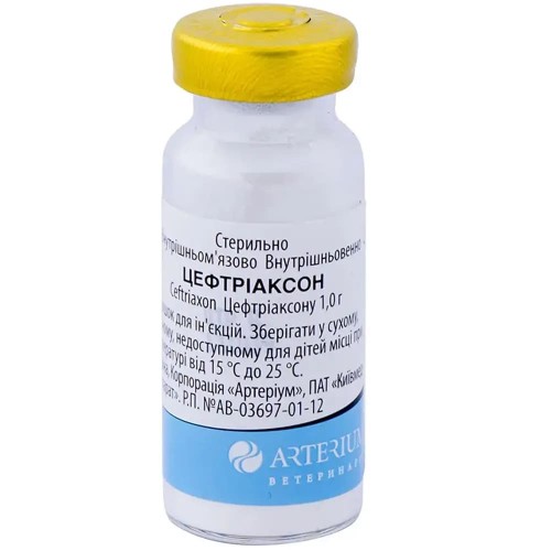 Цефтріаксон 1 г Arterium порошок для ін'єкцій - антибіотик цефалоспорин III покоління для собак і котів при отиті, сепсисі, пневмонії, інфекціях сечових шляхів